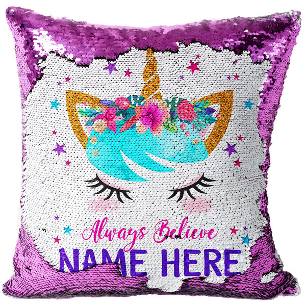 Personalised Unicorn Cover Sequin Cushion Pink