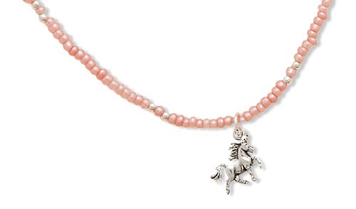 13"+2"Extension Pink Seed Necklace with Unicorn Charm 925 Sterling Silver