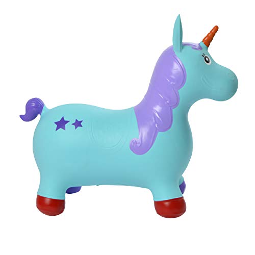 Blue unicorn inflatable ride on bouncer toy