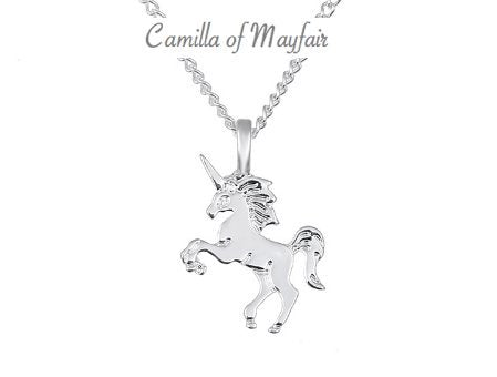 Camilla of Mayfair: UNICORN CHARM NECKLACE. Fine silver necklace chain. Includes a positive message card making this girls necklace the Perfect gift. Unicorn jewellery charm necklace