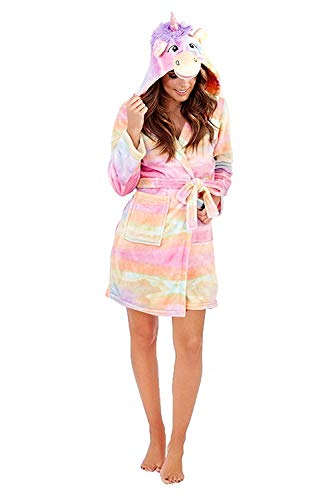 Cute and Cuddly, Ladies, Girls Novelty Flannel Fleece Unicorn Hooded Robe, Dressing Gown with Face and Horn, Rainbow, Small