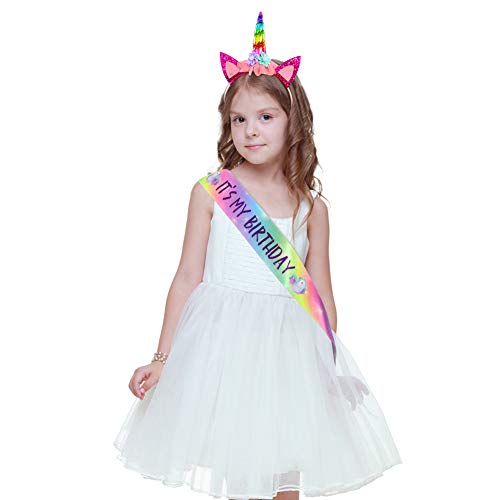 Rainbow Unicorn Cake Topper | Unicorn Birthday Party | Includes Headband, Sash, Ears, Eyelashes, Wings