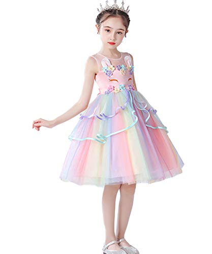 Girl's Unicorn Rainbow Tulle Dresses Princess Birthday Pageant Wedding Dress (2-8 Years)