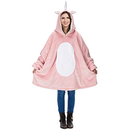 Pink Unicorn Oversized Hoodie Blanket Giant Pullover For Adults, Women, Teenagers