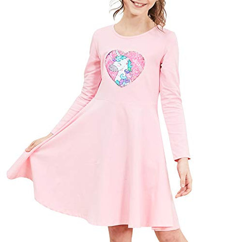 Pink Unicorn Sequinned Long Sleeved Dress For Girls | Various Sizes