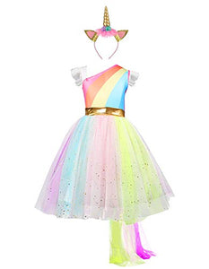 Girls Unicorn Dress With Headband | Dressing Up Costume Outfit | Rainbow | Various Ages