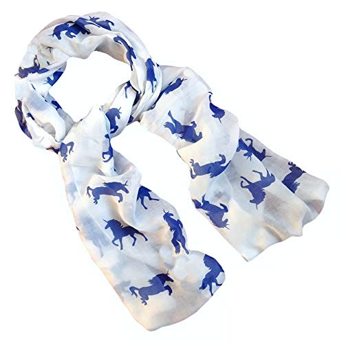 Women's/Ladies/Girls Blue & White 'Villanelle' Unicorn Fashion Scarf/Wrap/Pashmina