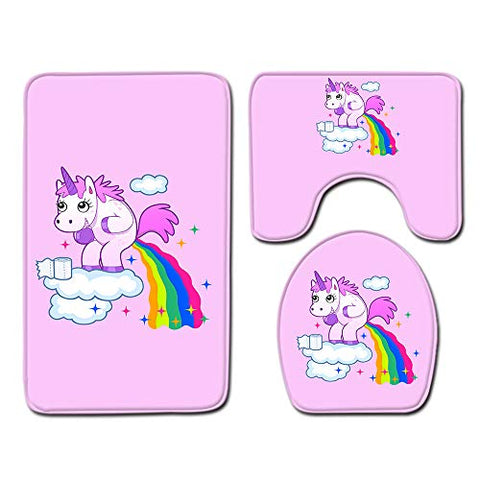 Pooping Rainbow Unicorn | 3 Pieces Bathroom Rug Set | Pedestal Mat Non Slip Bath Mat | Toilet Lid Cover 