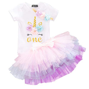 Unicorn Multi-Layer Tutu 1st ONE Birthday | 3 Pcs Outfits Romper+Skirt+ Flower Headband 