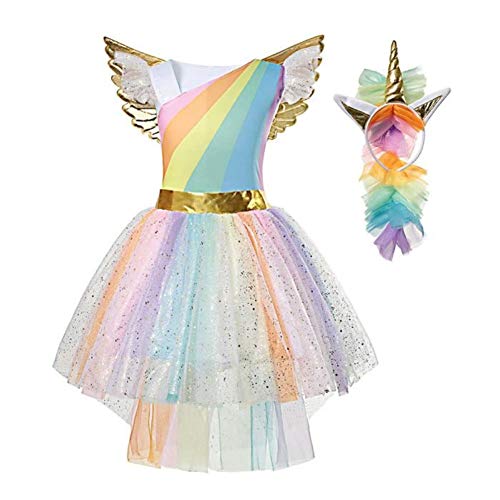 Girls Unicorn Fancy Dress Princess Costume Party Outfit Rainbow Tutu With Headband Wings