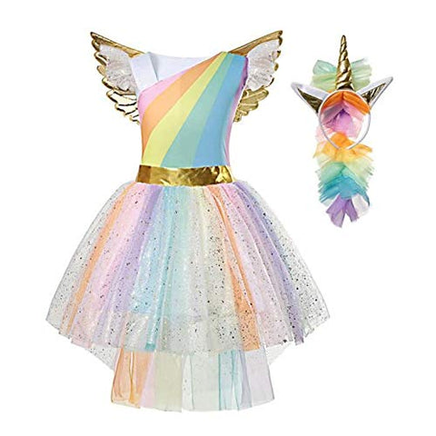 Girls Unicorn Fancy Dress Princess Costume | Party Outfit | Rainbow Tutu With Headband & Wings
