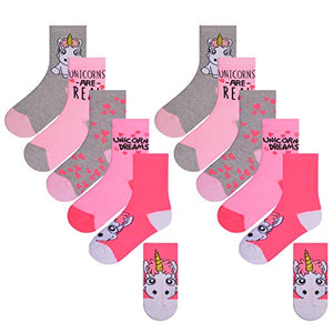 Girls Unicorn Design Socks | 10 Pack | Pink | Size UK 12.5-3.5/EU 31.5-36