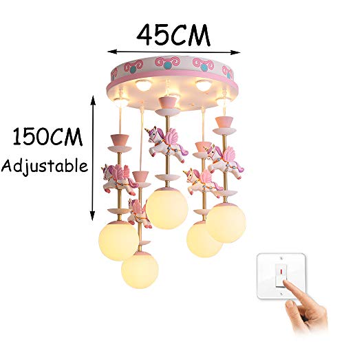 Unicorn Children's Room Pendant Light, Modern Chandelier Led Hanging Lamp Dimmable Ceiling Lighting Glass Hanging Lighting E27*5
