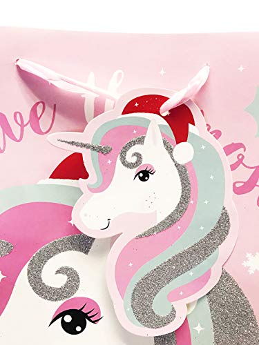 Christmas Gift Bags Extra Large 3 Pack Bulk Pink Glitter Unicorn for Kids Girls Present Wrapping Tags