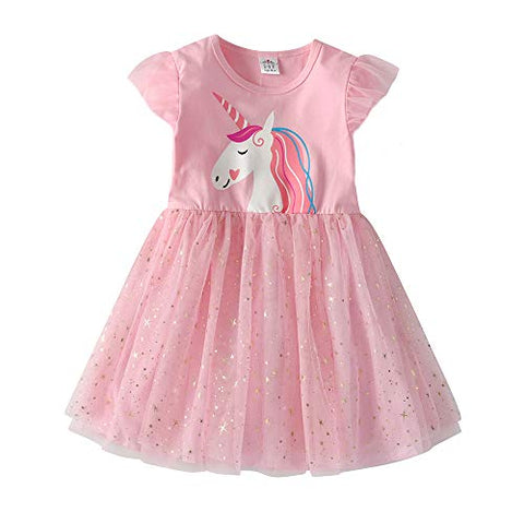 Girls Unicorn Printed Princess Dress - Casual Knee-Length Long-Sleeve Dress - Size 2 - 8 Years