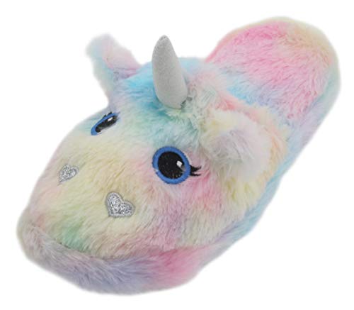 Fluffy Ladies Plush Rainbow Unicorn Mule Slippers, Multicolor