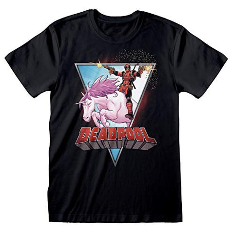 Official Marvel | Deadpool Riding A Unicorn | Unisex T-Shirt Tee, Black 