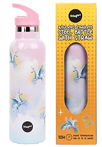 Fringoo - Unicorn Sky Water Bottle with Straw- Tall BPA Free Water Bottles - Insulated Water Bottle - Stainless Steel Water Bottle - Kids Water Bottles - Reusable Water Bottle - 600 ml