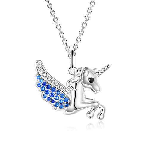925 Sterling Silver Unicorn Necklace With Cubic Zirconia | Jewellery Gifts For Girls Women (Blue)
