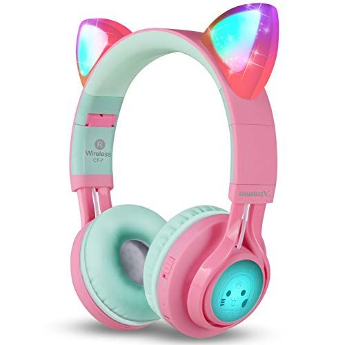 Bluetooth Headphones, Riwbox CT-7 Cat Ear LED Light Up Wireless Foldable Headphones Over Ear with Microphone and Volume Control for iPhone/iPad/Smartphones/Laptop/PC/TV (Pink&Green)