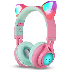 Bluetooth Headphones, Riwbox CT-7 Cat Ear LED Light Up Wireless Foldable Headphones Over Ear with Microphone and Volume Control for iPhone/iPad/Smartphones/Laptop/PC/TV (Pink&Green)