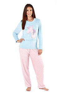 Ladies Unicorn Full Fleece Winter Pyjama Set | Pink & Blue 
