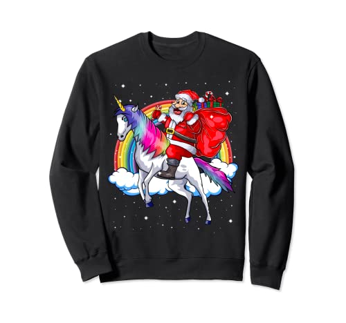 Santa Claus Riding A Rainbow Unicorn | Christmas Kids Women Sweatshirt 