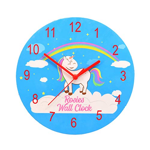 Personalised Unicorn & Rainbow Wall Clock For Girls Bedroom | Blue