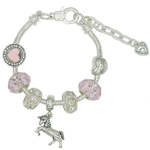 Beautiful Girls Unicorn Bracelet | Sweet Pink Crystal Beads | Sliver Heart Charm | Jewellery Gifts for Girls