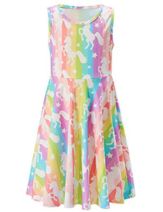 Sleeveless Round Neck Unicorn Sundresses Girls | Rainbow Coloured 