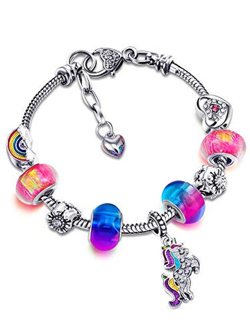 Unicorn Shiny Crystal Colourful Charm Bracelet | Rhinestone Bangle with Unicorn Gift Box Card Set for Girls (14 cm)