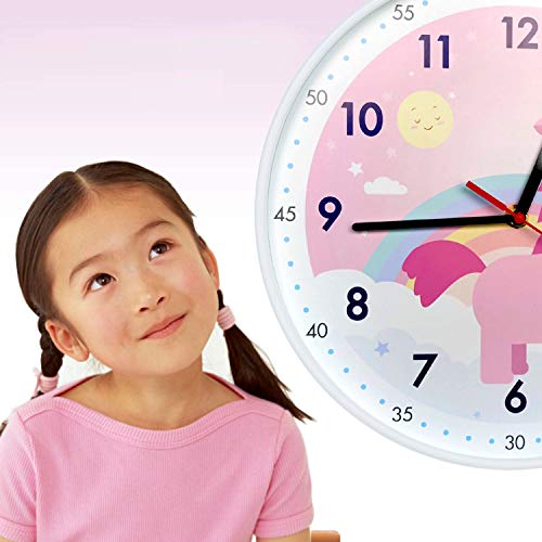 Kids Learn To Tell The Time Wall Clock Pink- Unicorn Themed
