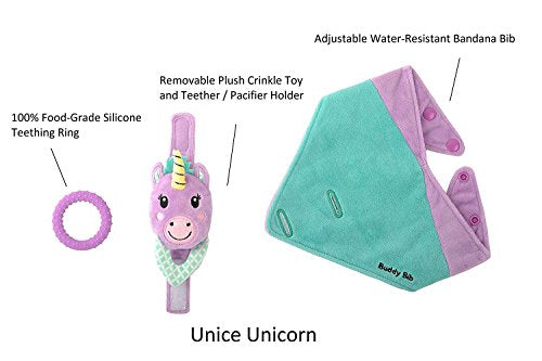 Unicorn | 3 in 1 Bandanna Dribble Bib - Sensory Toy, Teething Ring, Dummy Holder
