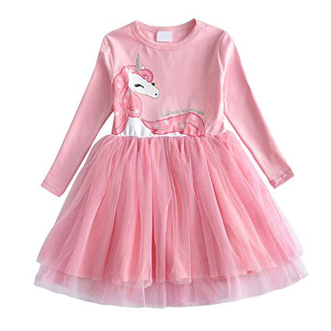 Girls Unicorn Princess Tulle Long Sleeve Party Casual Dresses | Pink 