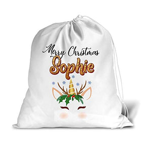 Reindeer Unicorn Personalised Small Christmas Santa Sack | Drawstring Bag 