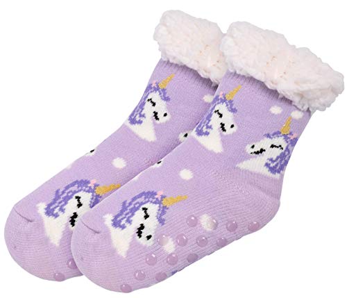 Comfy Cosy Indoor Slipper Socks Purple with Unicorn for Girls Children (8-12) 
