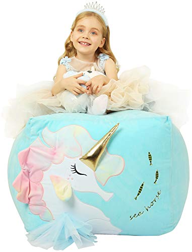 Unicorn Design | Kids Bean Bag Chair | 24x24x20 Inches | Powder Blue Unicorn Seahorse