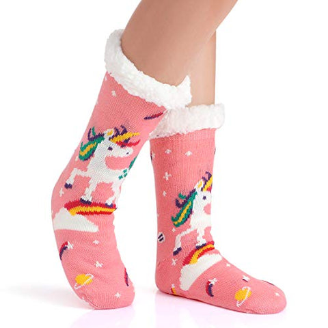 Fleece Lined Fluffy Unicorn Slipper Socks For Women and Girls