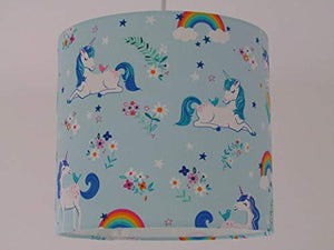 Blue Unicorn Rainbow and Flowers Fabric Drum Lampshade