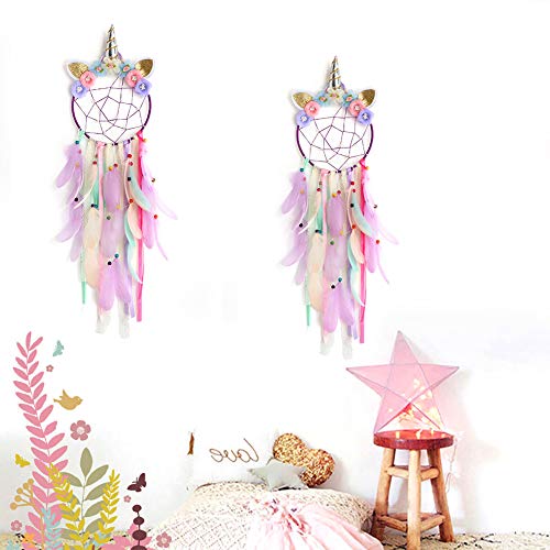 Dremisland Unicorn Dream Catcher Colorful Feather Pastel Colours Handmade For Girls Kids Nursery Bedroom