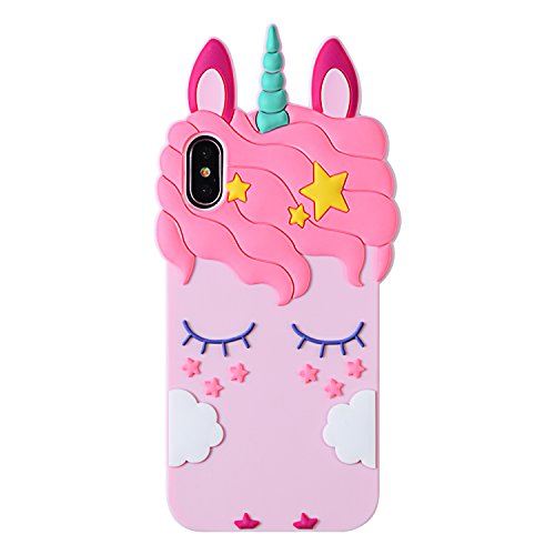 Liangxuer Pink Unicorn for iPhone X, XS Soft 3D Silicone Case,Cute Animal Rubber Cover,Cool Kawaii Cartoon Gel Cases for Girls Kids.Fun Unique Sweet Character Skin Protector Shell for iPhoneX