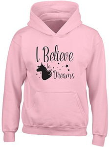 "I Believe in Dreams" Unicorn Kids Girls Childrens Hooded Jumper Hoodie - Pink
