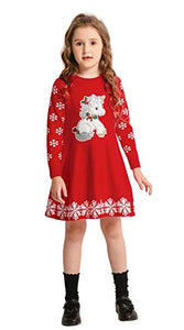 Girls Warm Ribbed Knit Dresses | Unicorn Reindeer Snowflake Design | Red