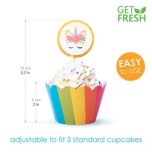 Unicorn Cupcake Toppers – 24 pcs Unicorn Rainbow Cupcake Cases / Wrappers