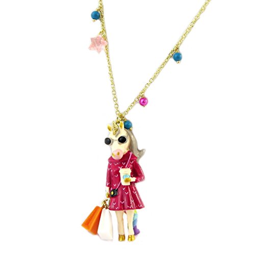 Necklace / sautoir artisanal 'Monde Merveilleux'(unicorn)pink multicolor gilded.