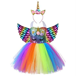 Sequined Girls Unicorn Tutu Dress | With Wings | Multicoloured 