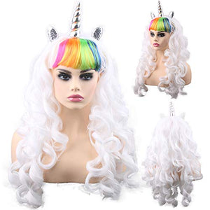 Colourful Unicorn Wig For Women | Fancy Dress | White, Rainbow Fringe 