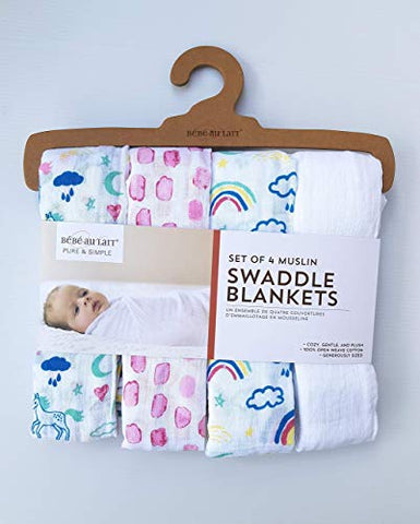 Unicorn Set of 4 Muslin Swaddle Blankets By Bebe au Lait, Baby Shower Gift Pack