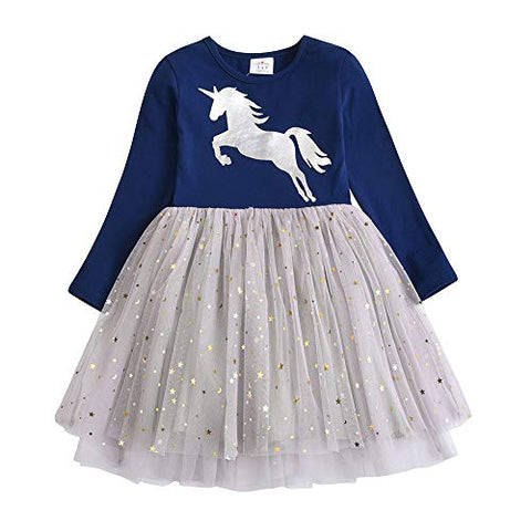 Girls Unicorn Tulle Party Dress | Navy & Silver | Long Sleeved