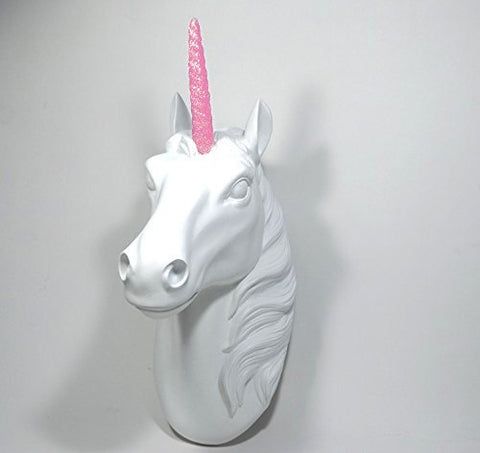 Unicorn Head White Wall Mount - Pink Glitter Horn